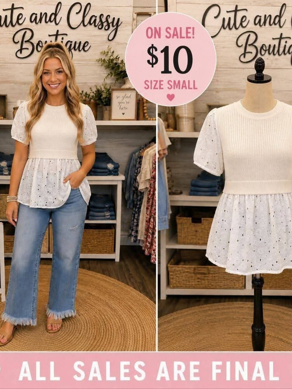 Women’s White Eyelet Peplum Knit Top - Small